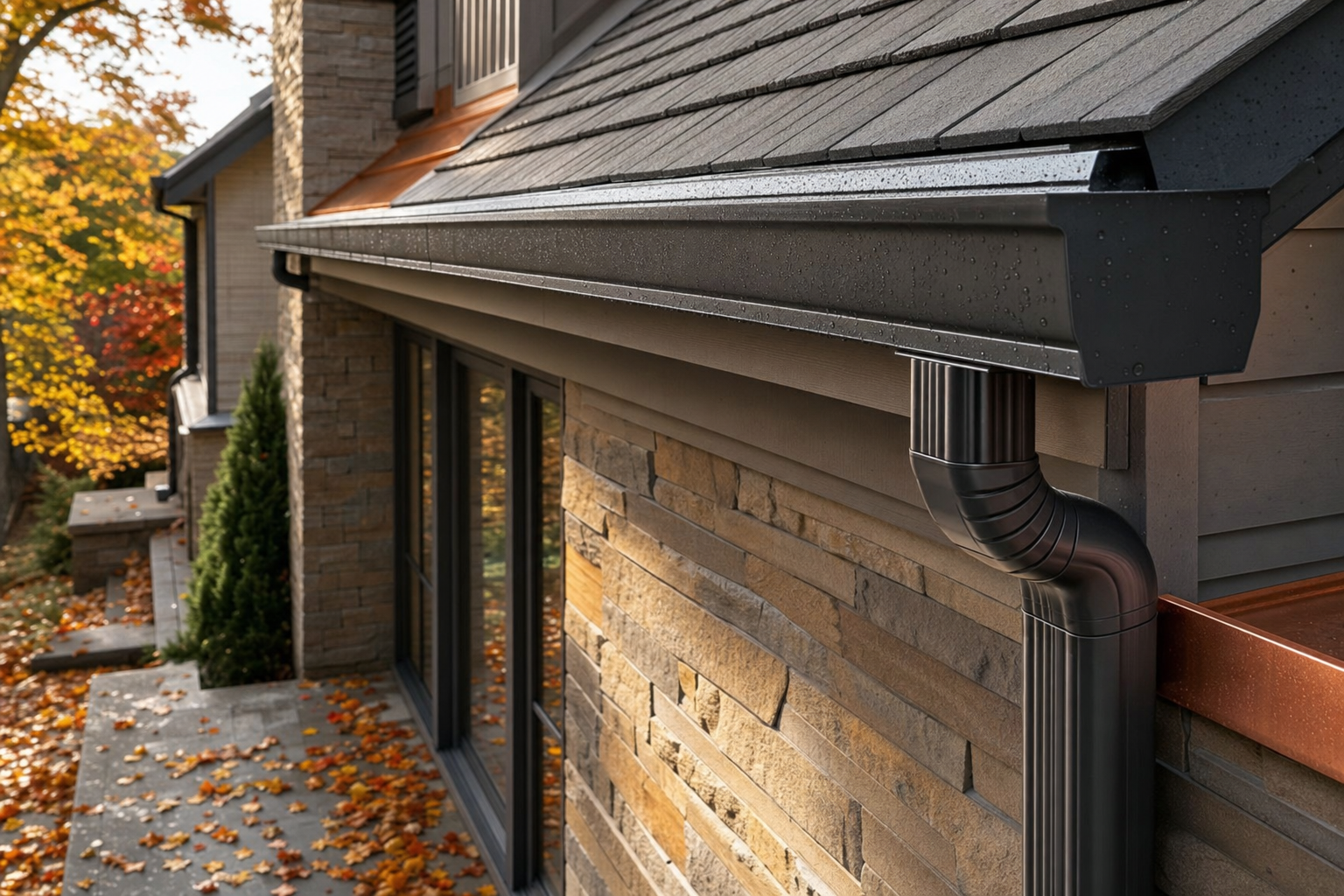 Seamless gutter installed along a roof eave