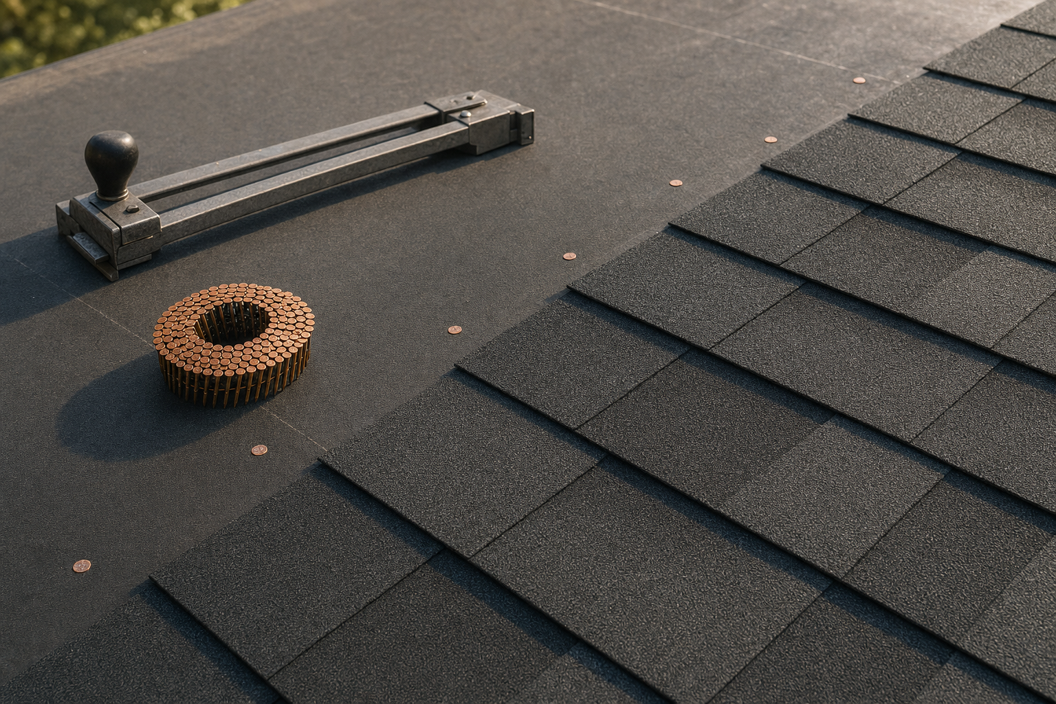 Charcoal architectural shingles installed on a roof deck