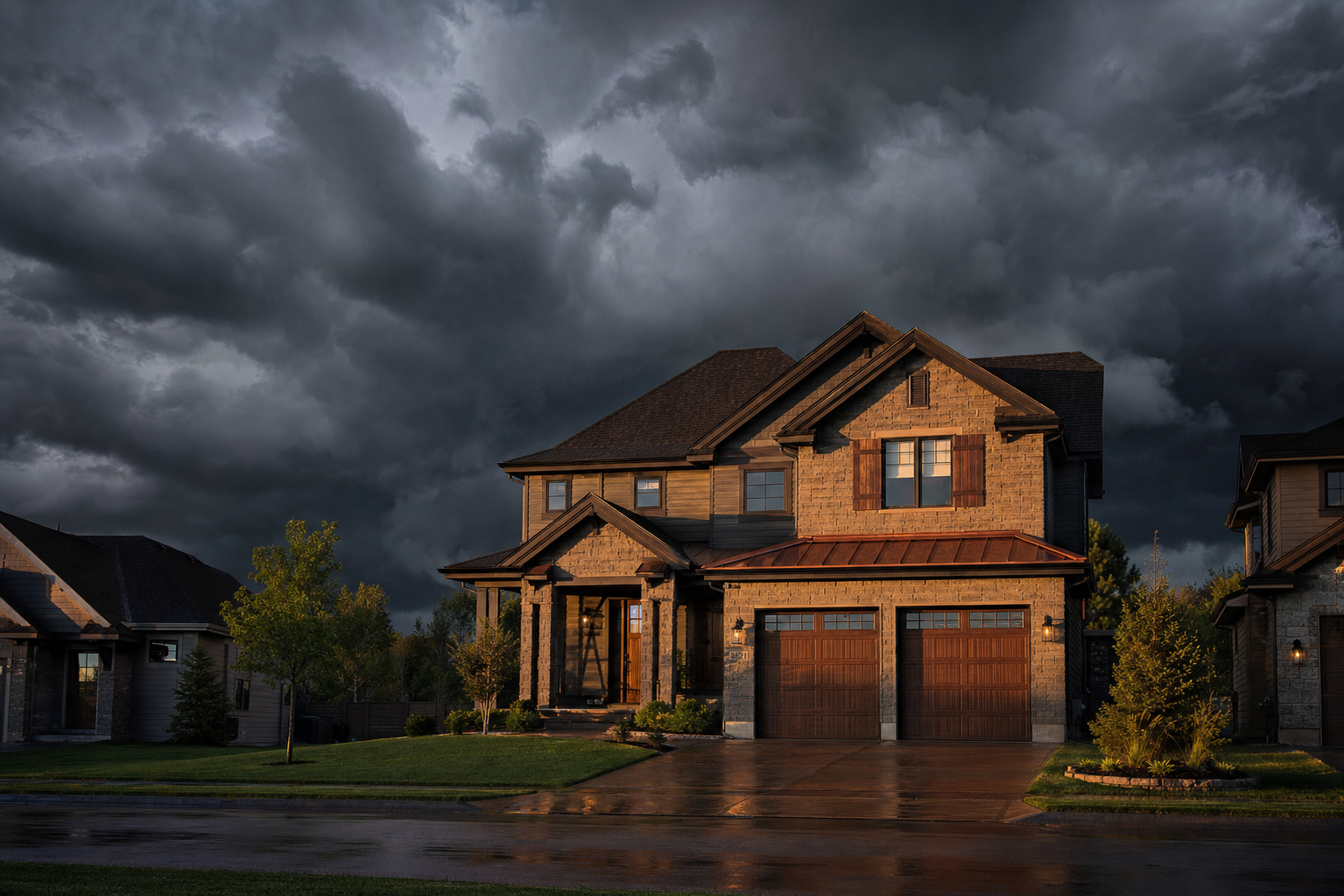 Suburban home under an approaching storm front